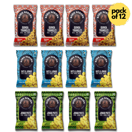 Mixed Millet Snacks - Pack of 12 - Jowar Puffs - Lemon and Mint Bliss (Pack 4), Oats & Jowar - Garlic Zen (Pack 4), & Quinoa Triangles - Heavenly Chilli (Pack 4)