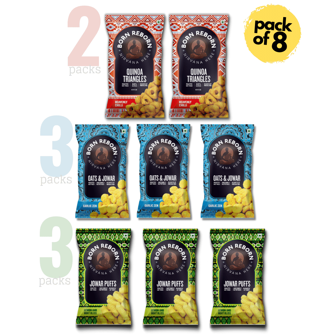 Protein Packed Roasted Snacks Combo - 8 Packs - Jowar Puffs (3 pc), Oats & Jowar (3 pc), & Quinoa Triangles (2 pc) - 30g each pack