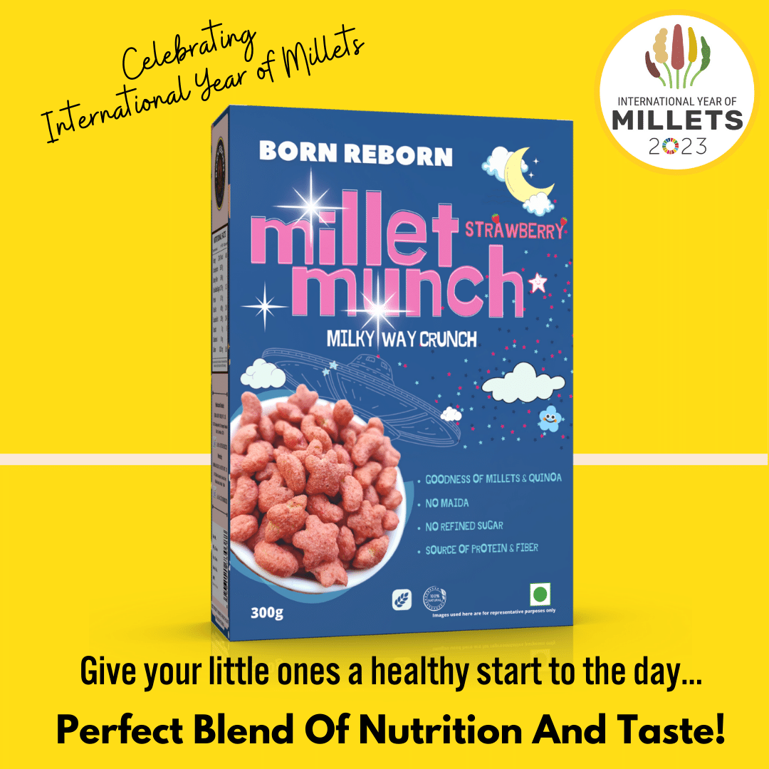 Born Reborn Strawberry Millet Munch Breakfast Cereal for Kids - Milky Way Crunch - No Maida, No Wheat and No Refined Sugar - 300g