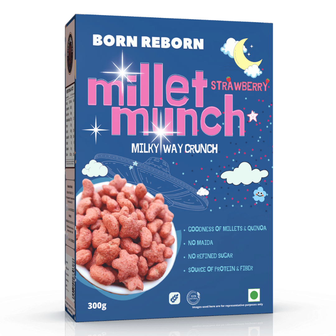 Born Reborn Strawberry Millet Munch Breakfast Cereal for Kids - Milky Way Crunch - No Maida, No Wheat and No Refined Sugar - 300g